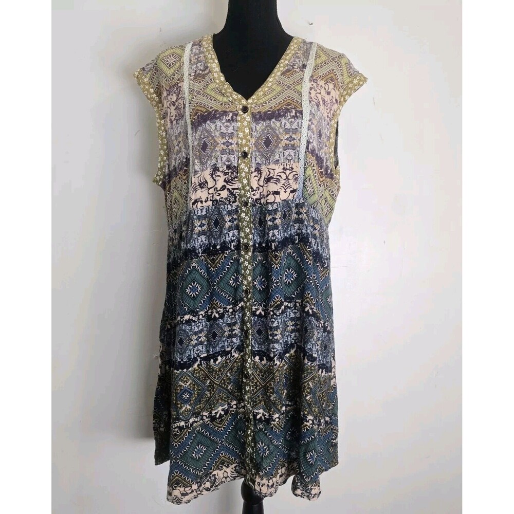 Oddi Shirt Dress Medium Mixed Print Crochet Detail Knee Length Boho Hippie